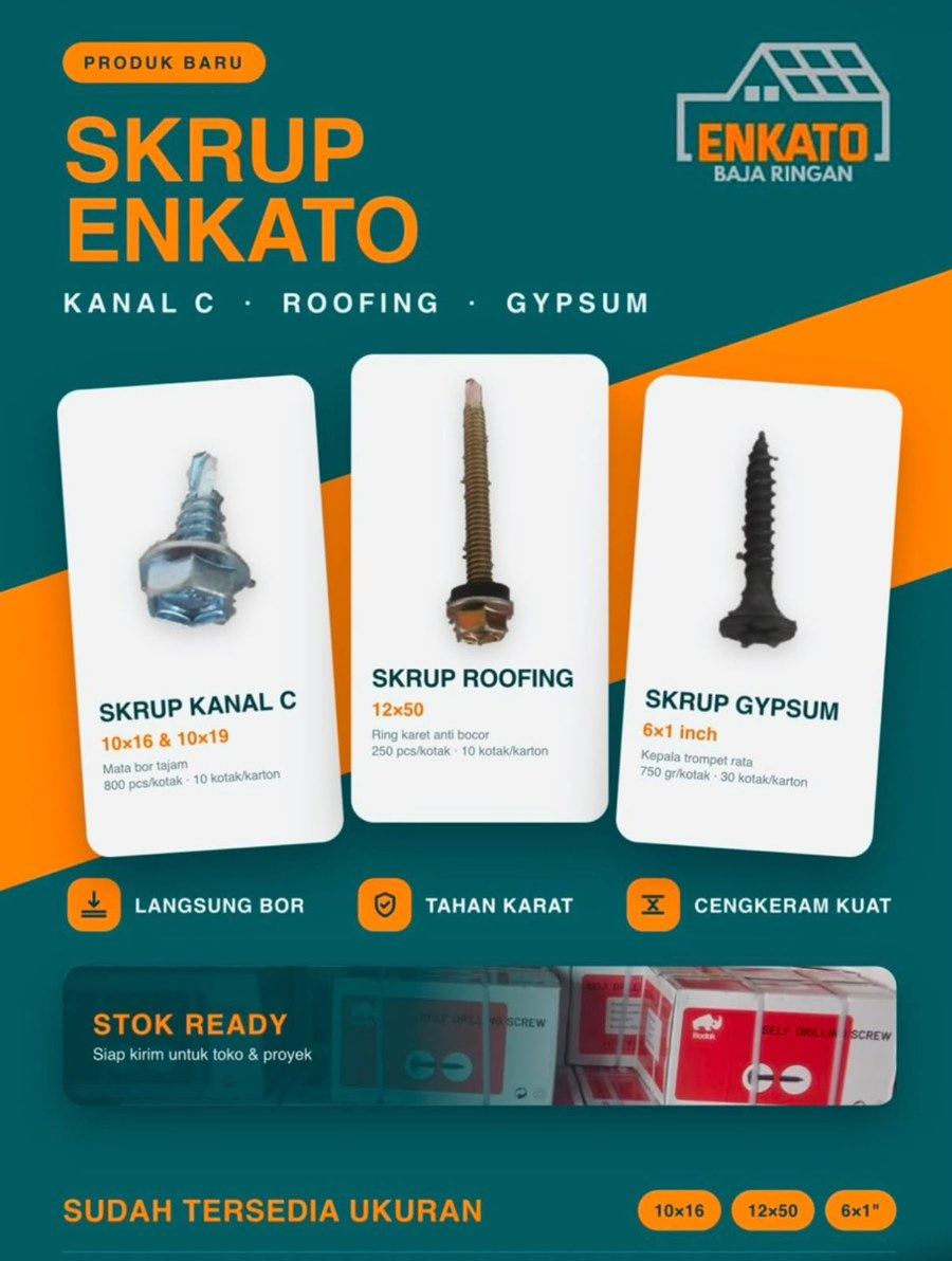 Materi promosi Skrup Enkato: kanal C, roofing, gypsum